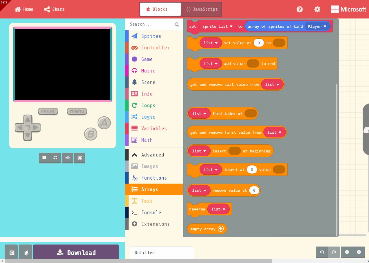 Blocks in "Arrays" category in JavaScript editor are less than in