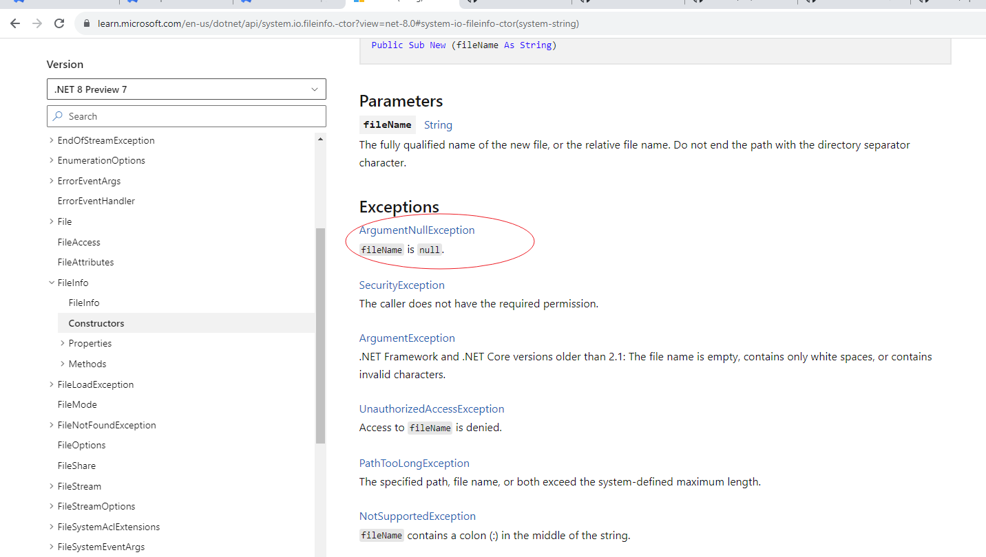 Constructor function of System.IO.FileInfo won't throw other exceptions