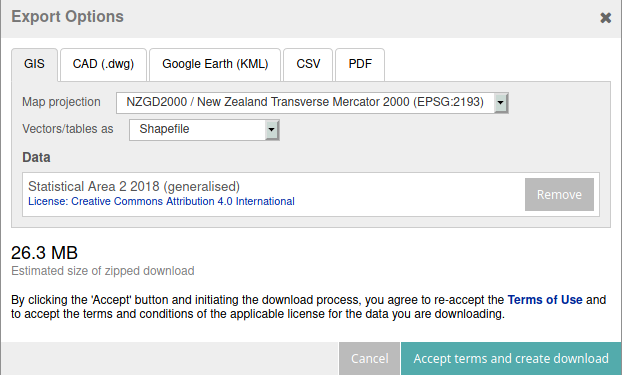 Download settings on Stats NZ datafinder