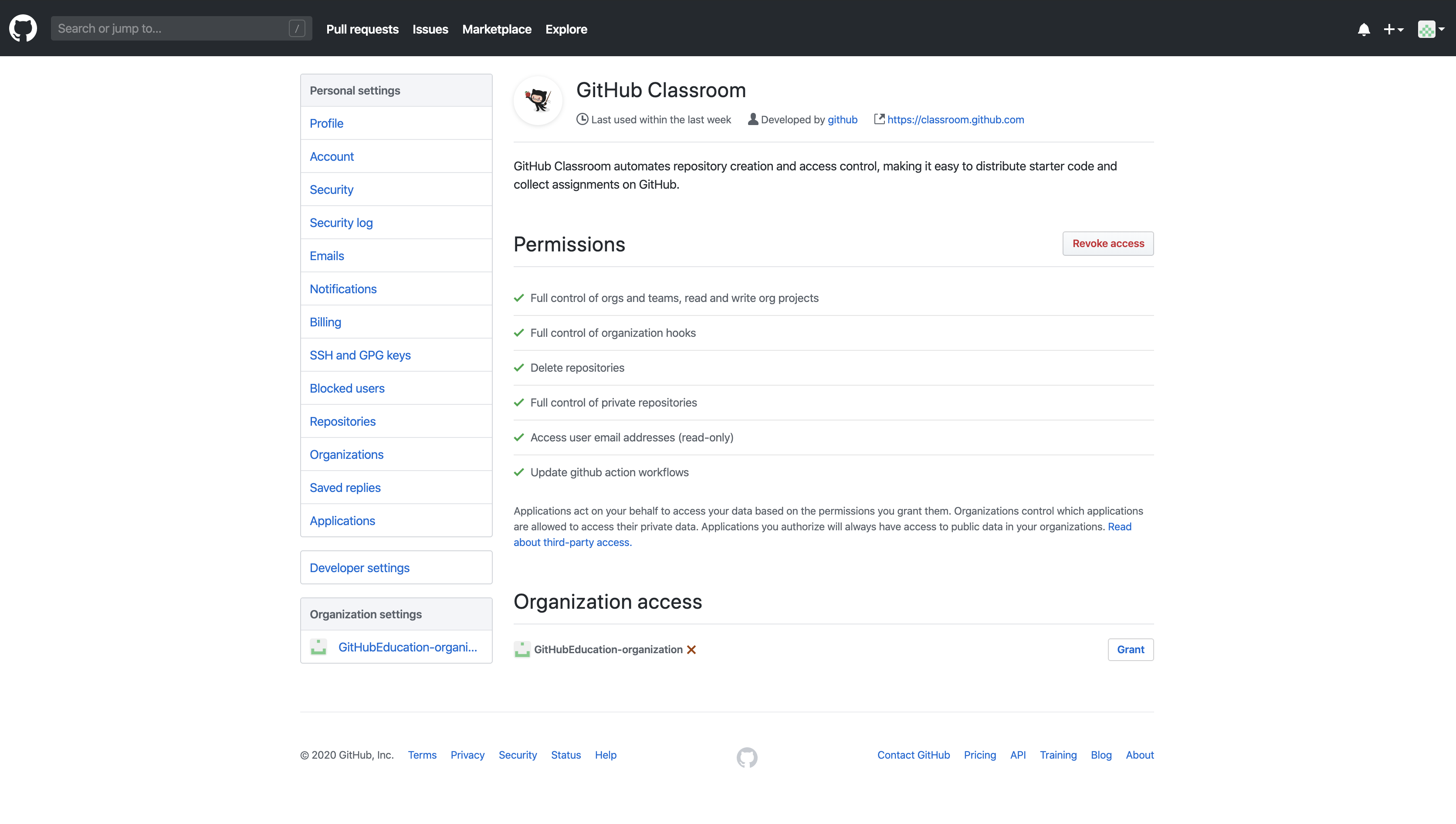Authorize GitHub Classroom to access your organization.