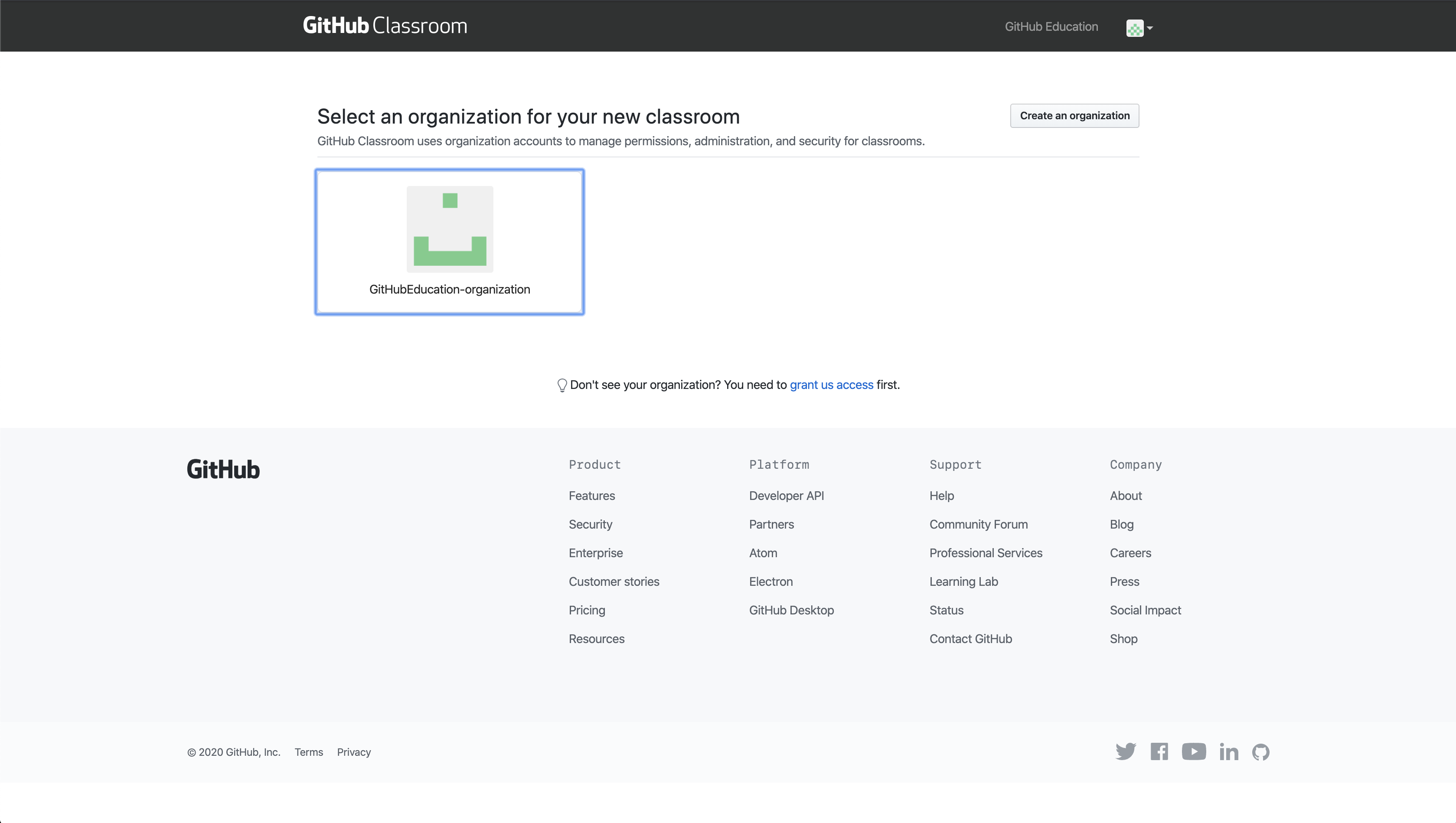 Select an organization for your new classroom.