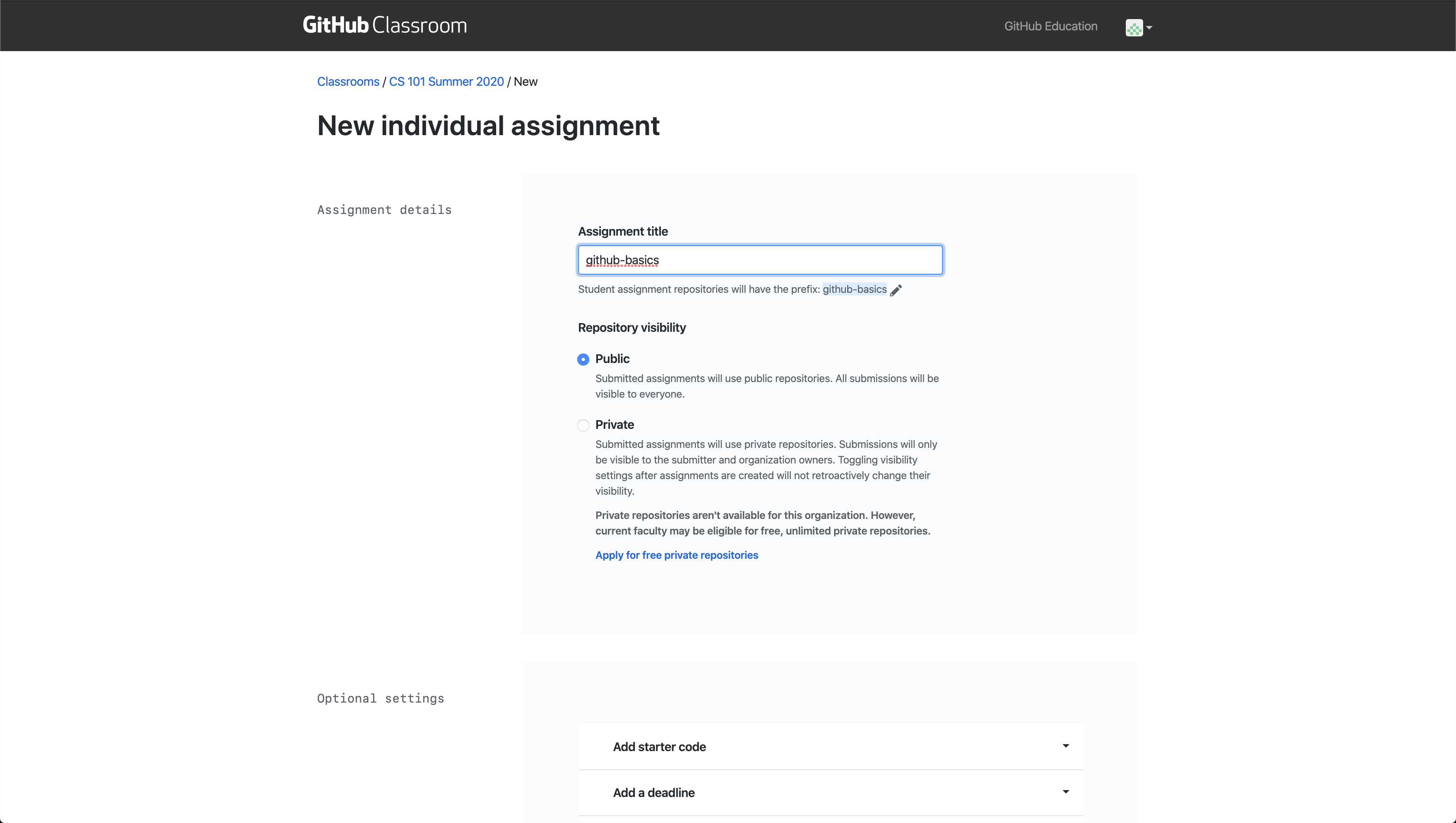 Add an assignment title and choose public or private repository visibility.