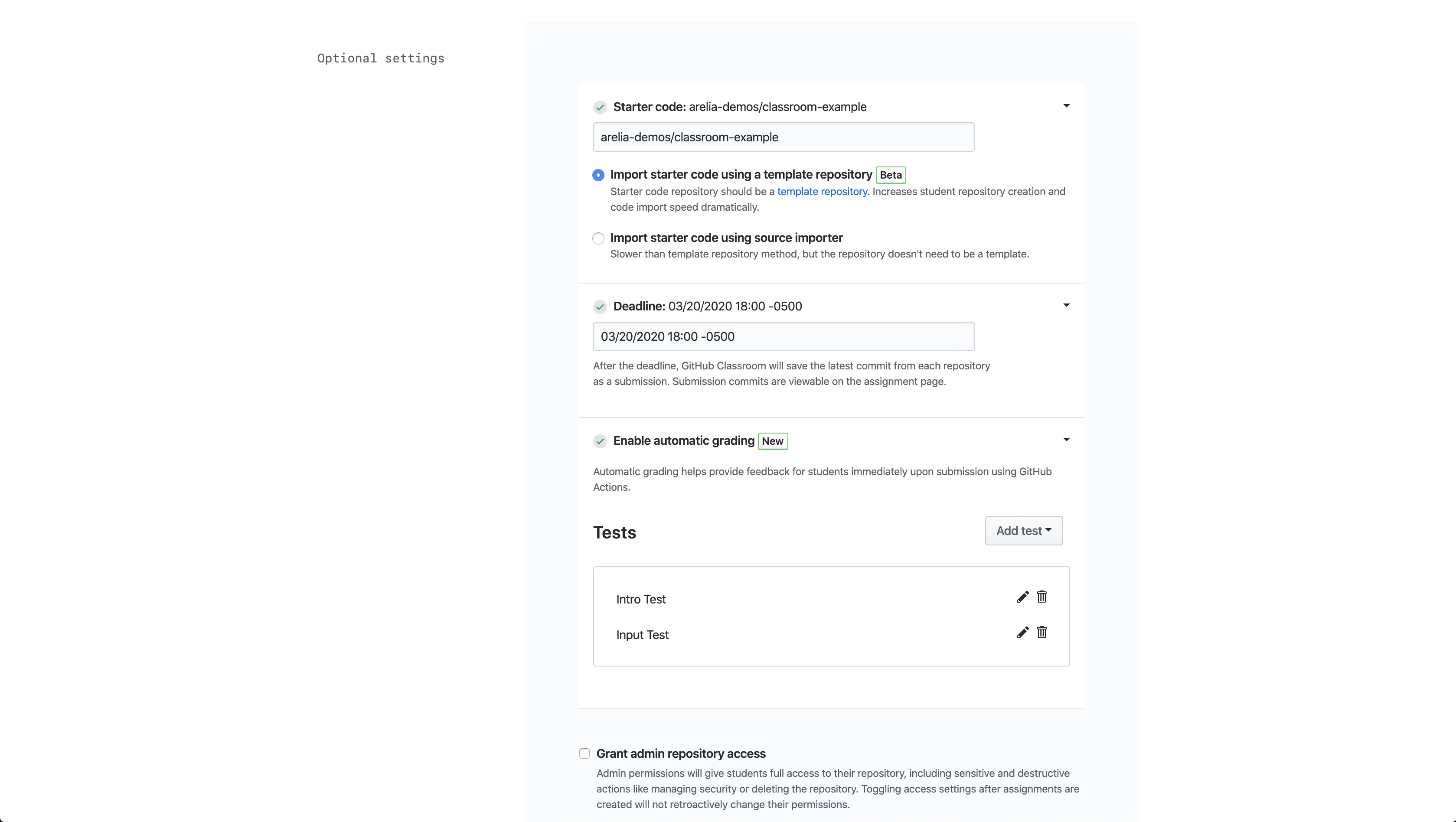 Add starter code to your assignment, set a deadline, and add tests.