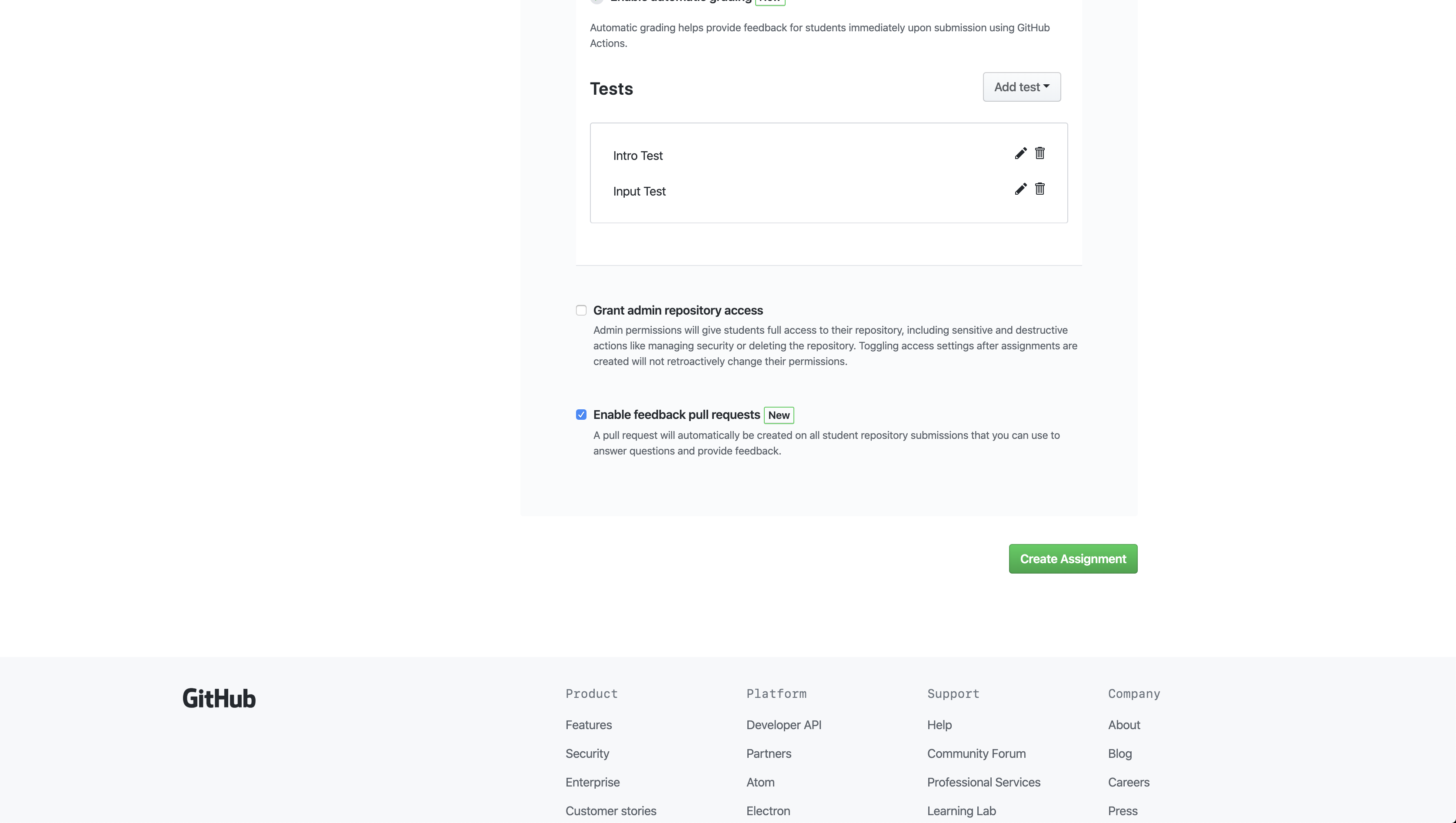 Set admin permissions and enable feedback pull requests.