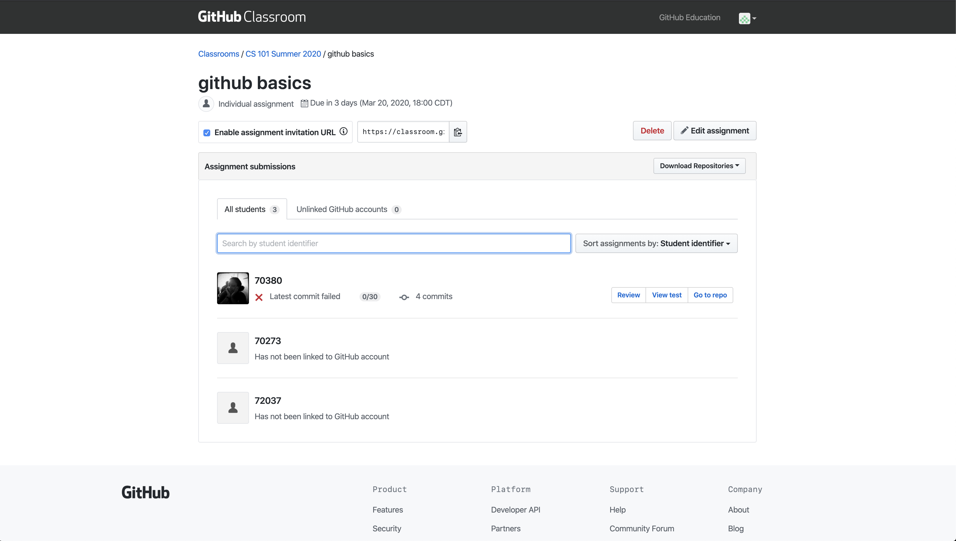 As students begin an assignment, watch their commits and link to their repositories.