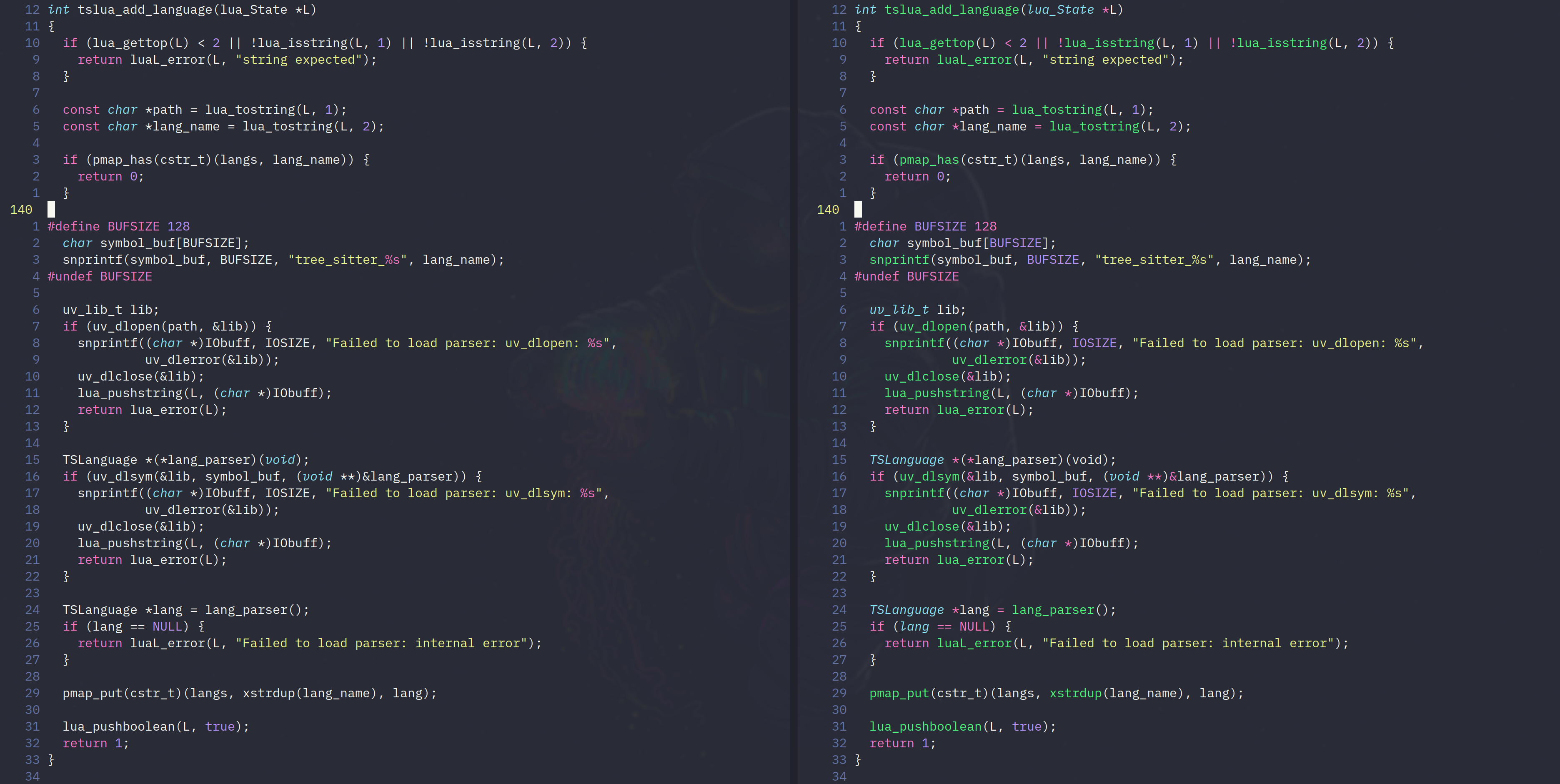 A side by side view of a neovim window without TreeSitter and one with