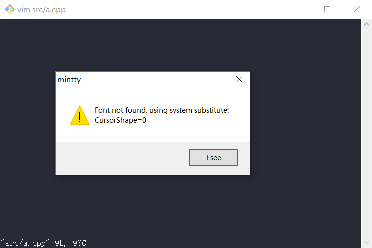 Mintty show the warning font not found, using system substitute =0 ...