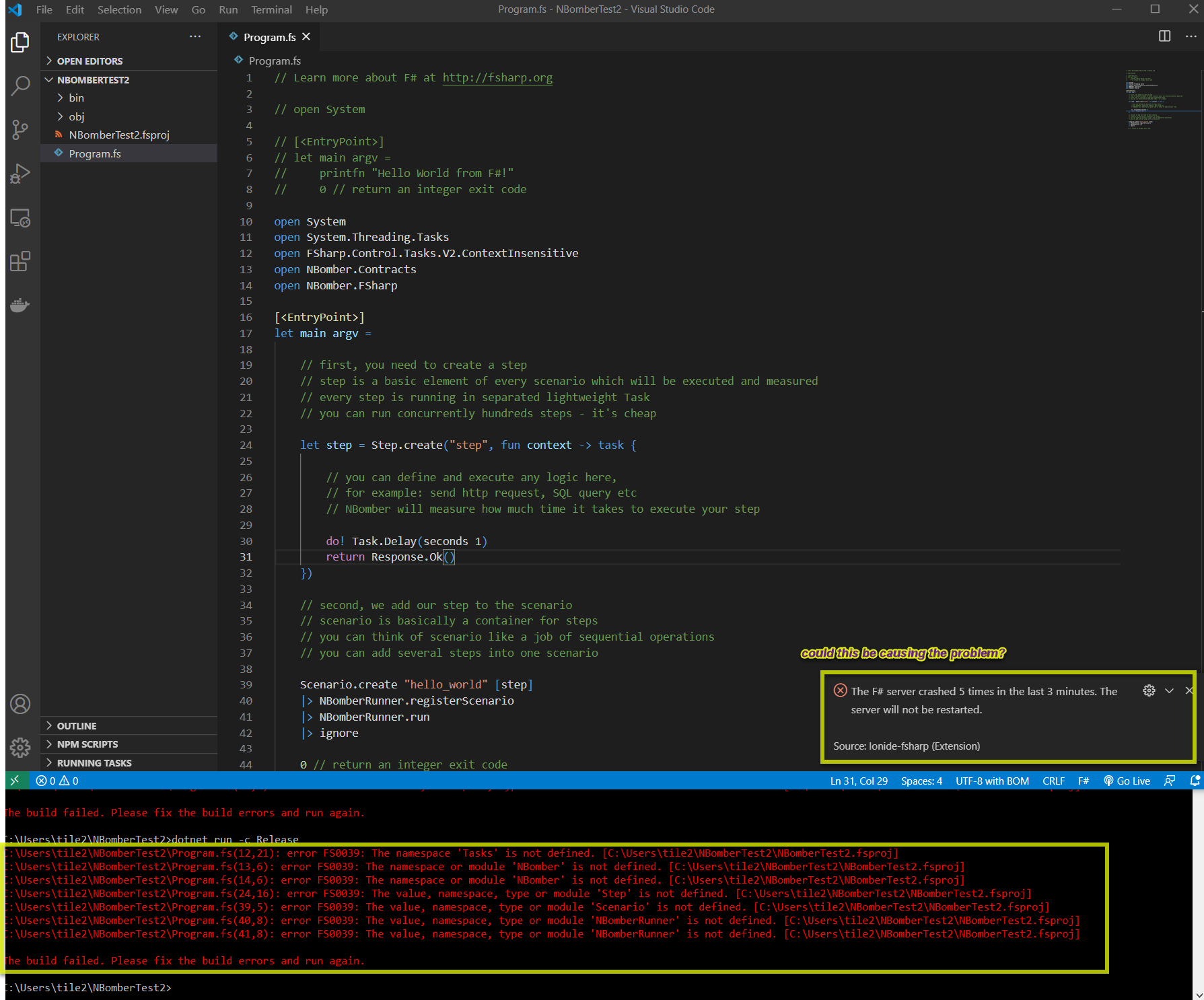 Create Hello World Load Test with F# and tried "dotnet run -c Release ...