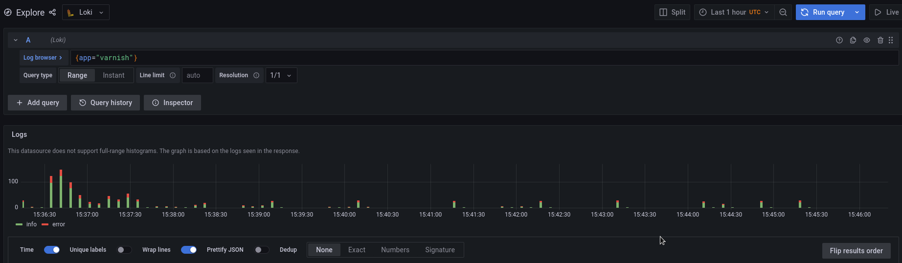 Missing log level labels in Explore - histogram in Grafana v8.4.0