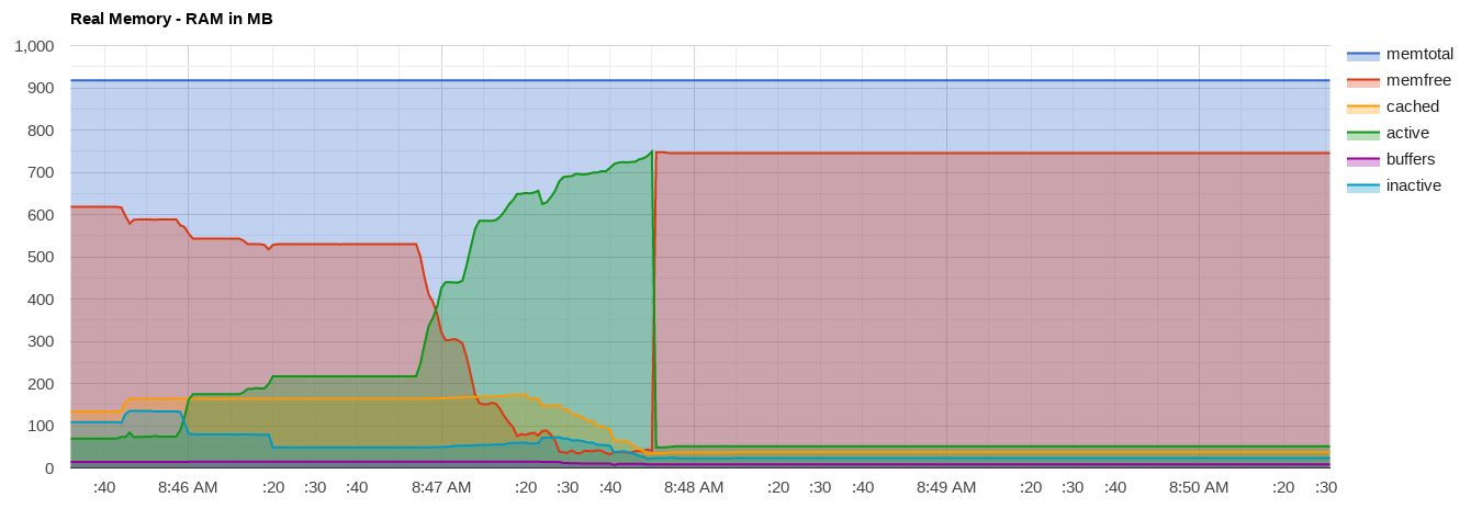 Line graph showing memory usage (RAM). Active memory grows rapidly over the course of one minute and then drops to baseline.