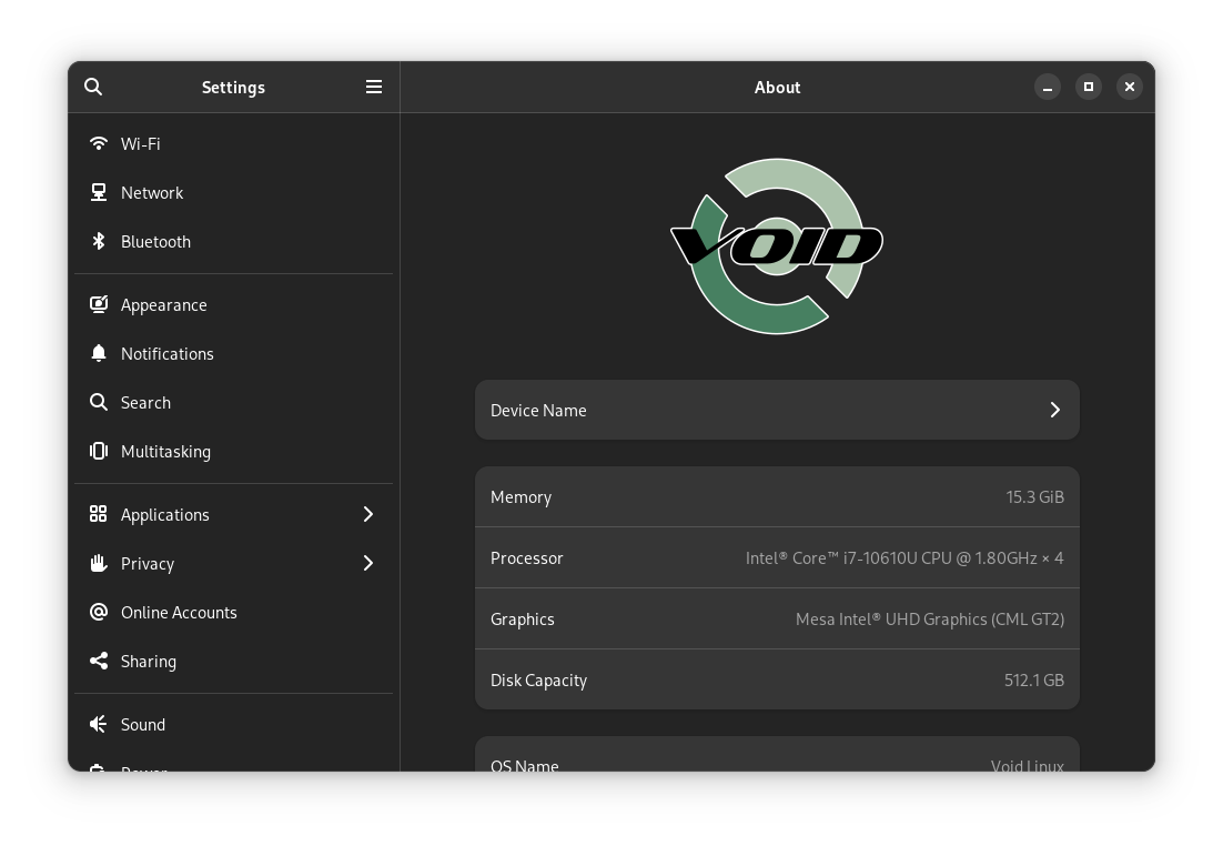 gnome-control center about tab showing a void logo