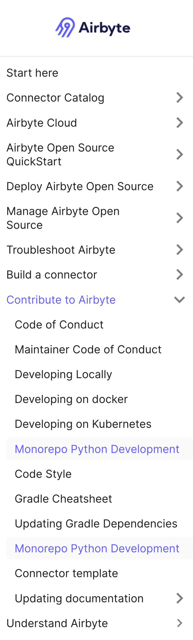 Monorepo python development is shown twice in navigation links issue