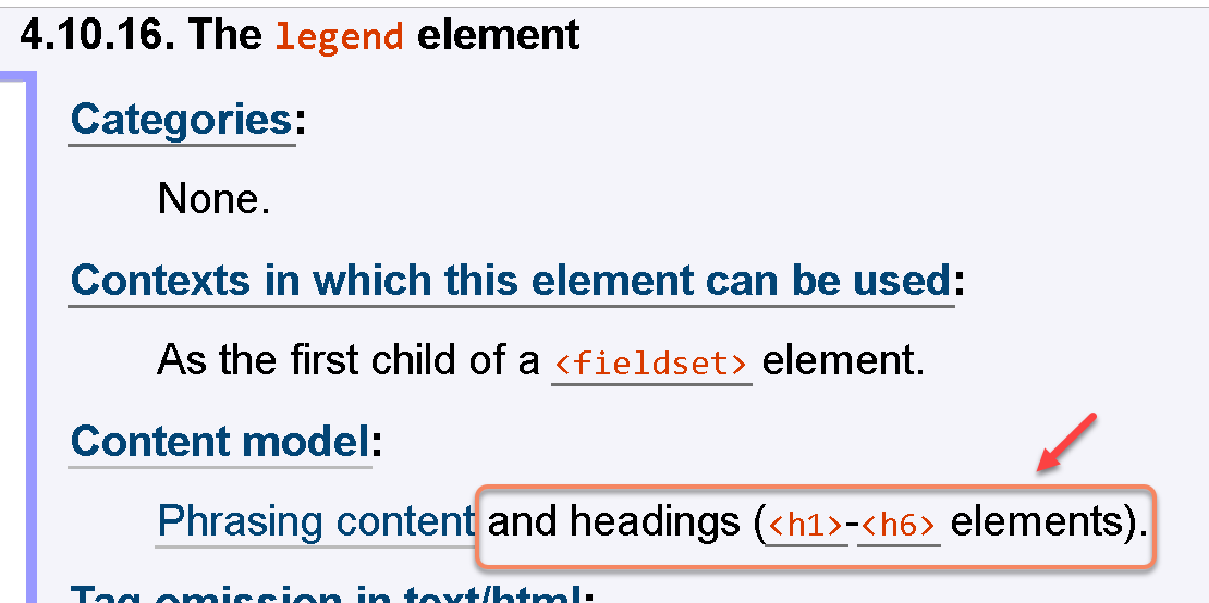 For accessibility legend element should allow for headings h1-h6 in ...