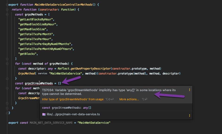 grpcStreamMethods empty so typescript complains and also won't compile ...
