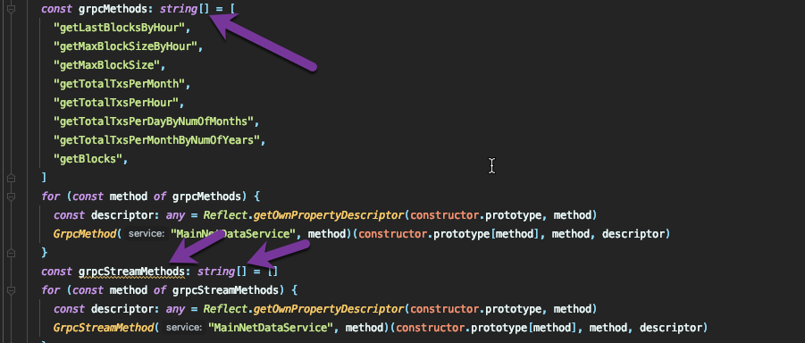 grpcStreamMethods empty so typescript complains and also won't compile ...