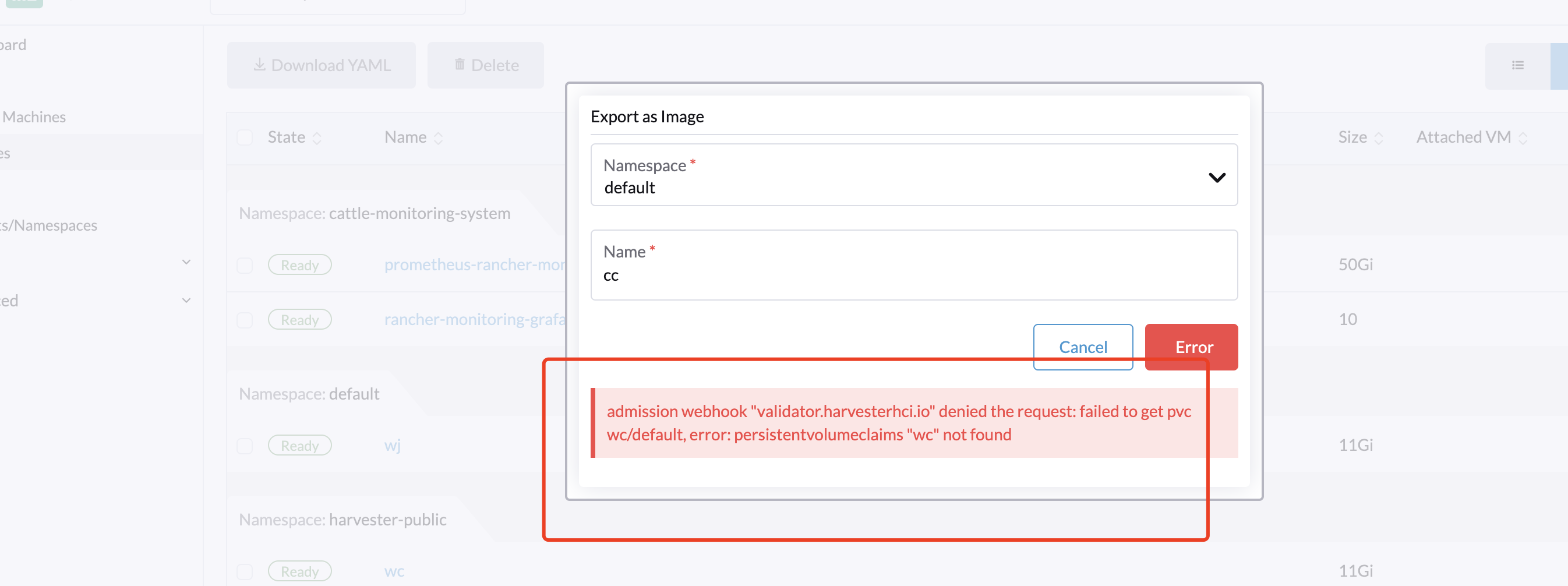 pvc namespace is mixed with image namespace when exporting a volume to
