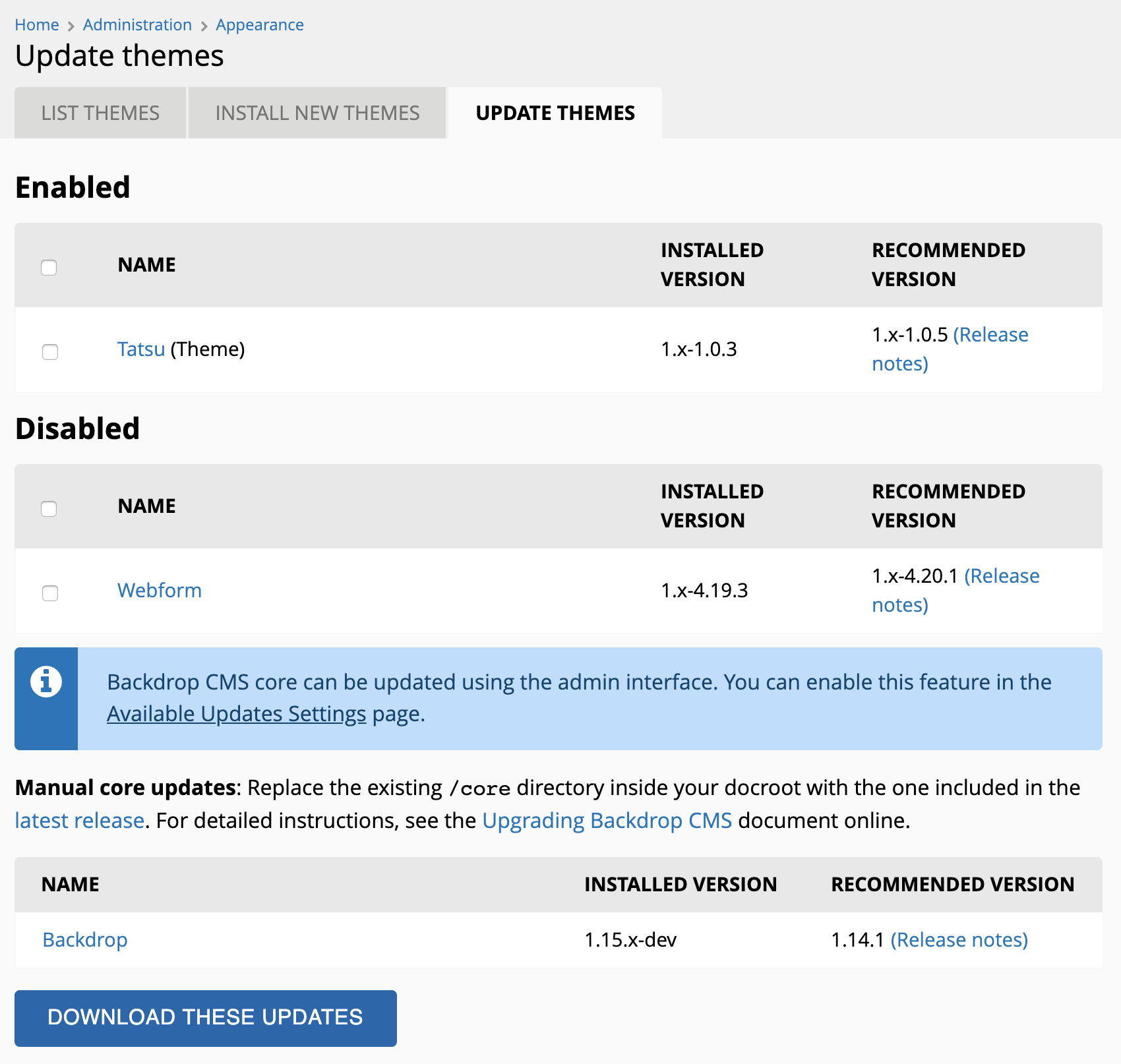 [UX] Core updates: link to configuration page when disabled · Issue ...