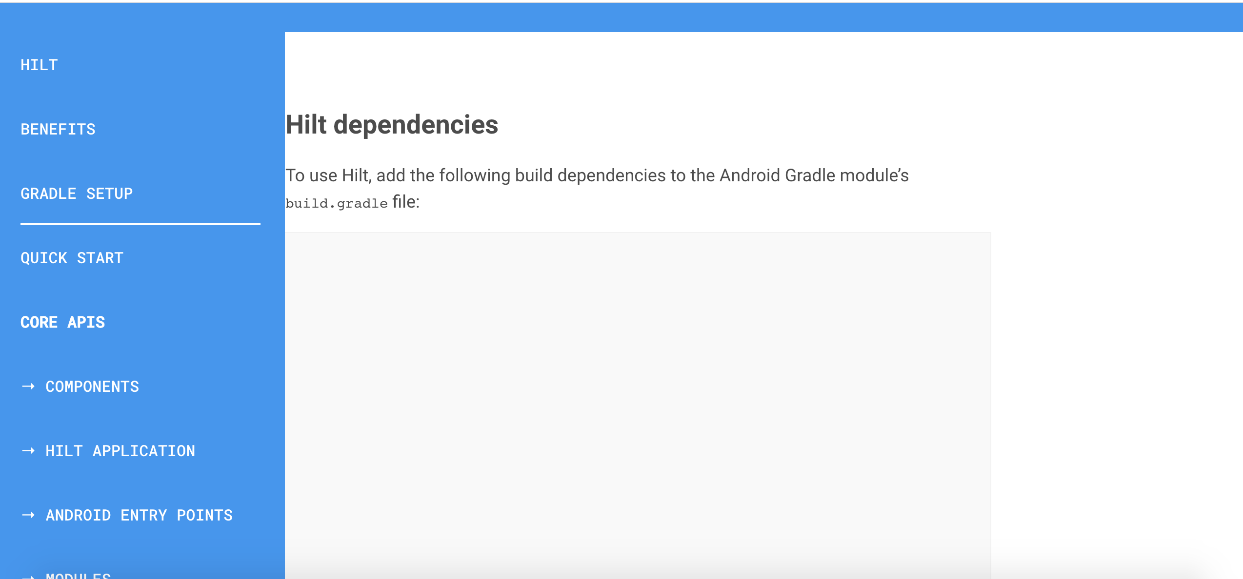 Hilt documentation shows whitespace instead of example code section ...