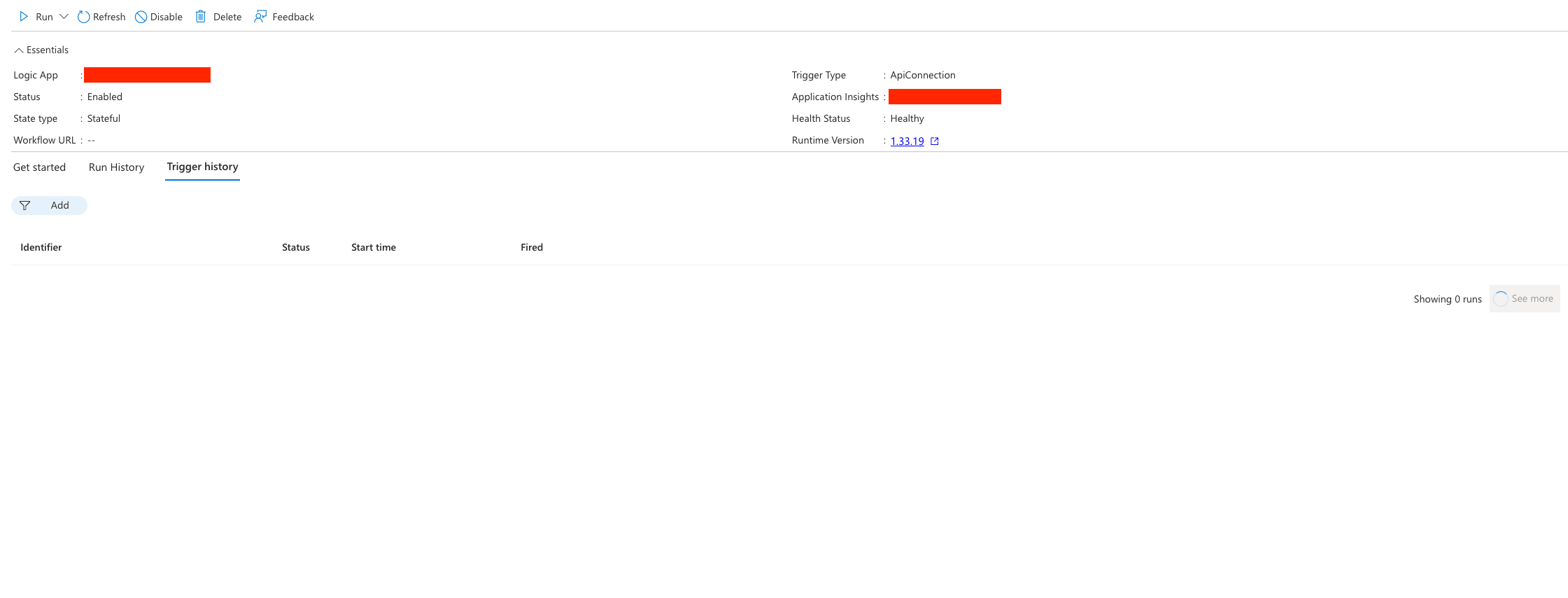 Unable to retrieve trigger history on workflow in standard Logic App