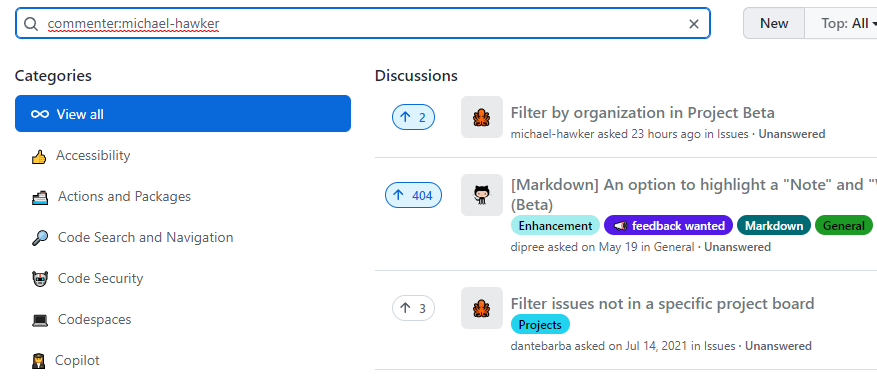 'commenter:' not showing up as suggested filter in Discussion search ...
