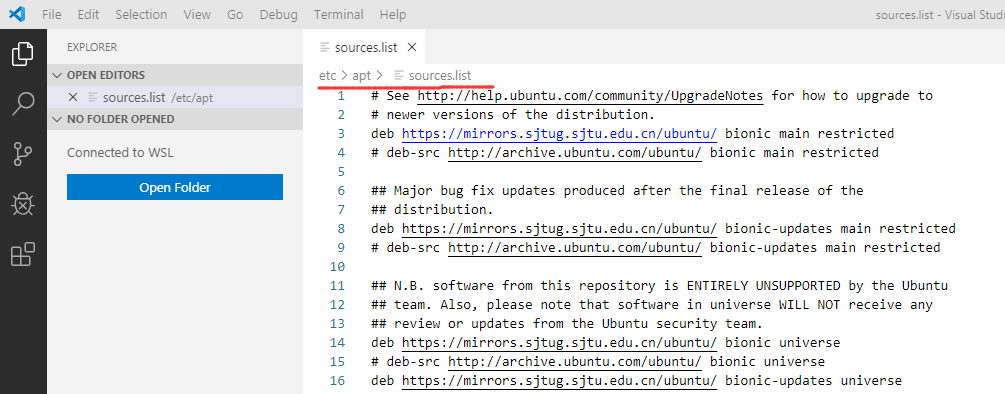 vscode can open and modify source.list through GUI but can't save ...