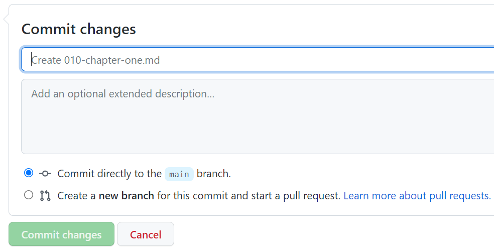 Screenshot of Commit Changes Web Form