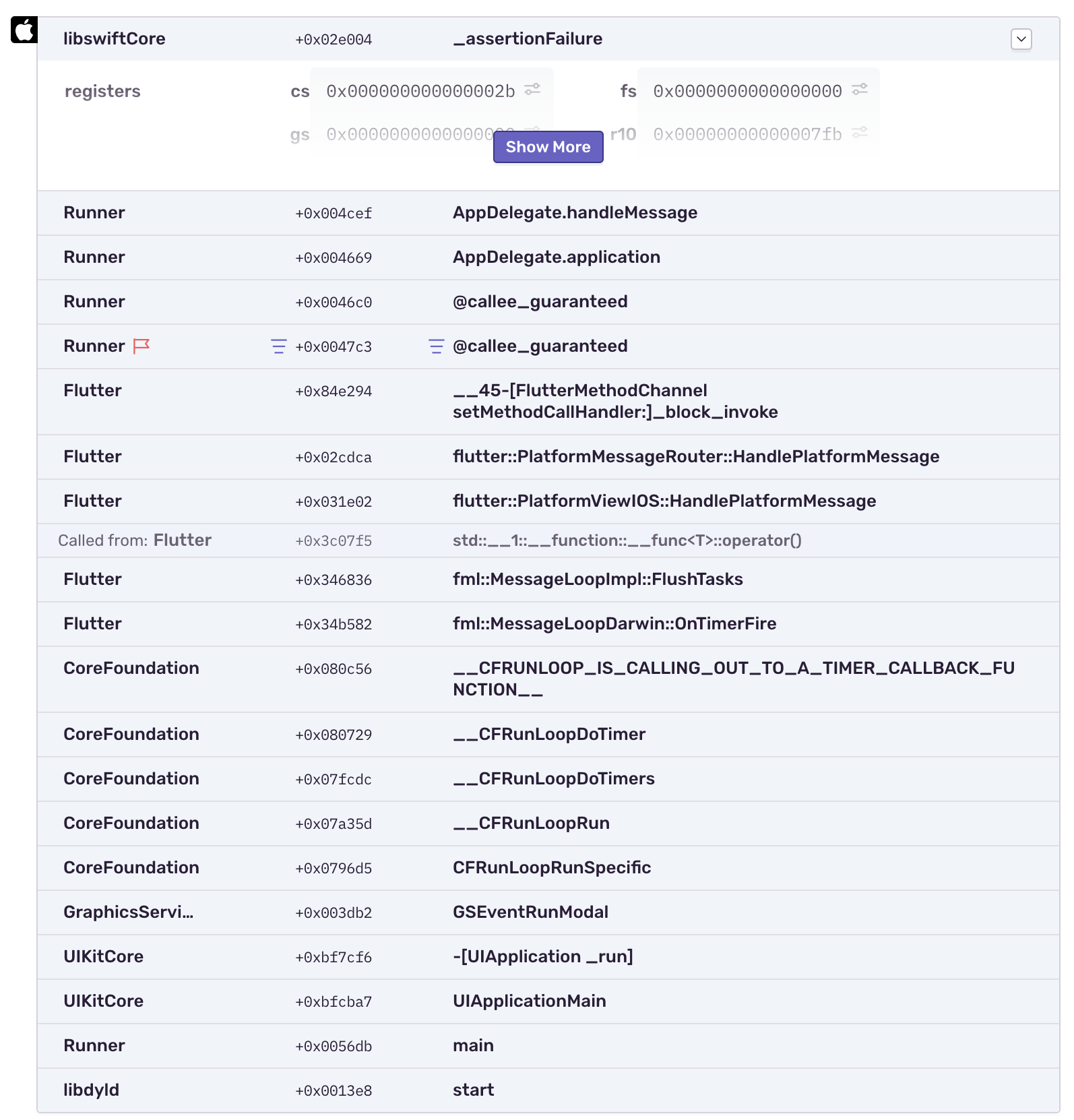 SentryCrash marks almost all stack trace frames as inApp for crashes in ...