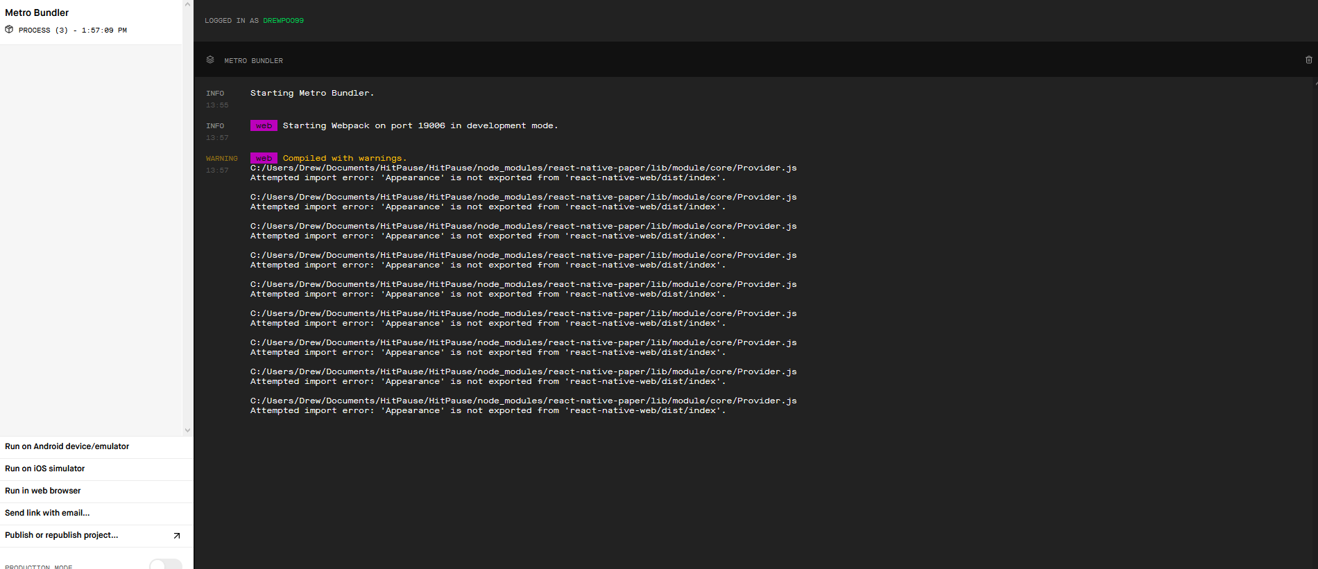 Attempted import error: 'Appearance' is not exported from 'react-native ...