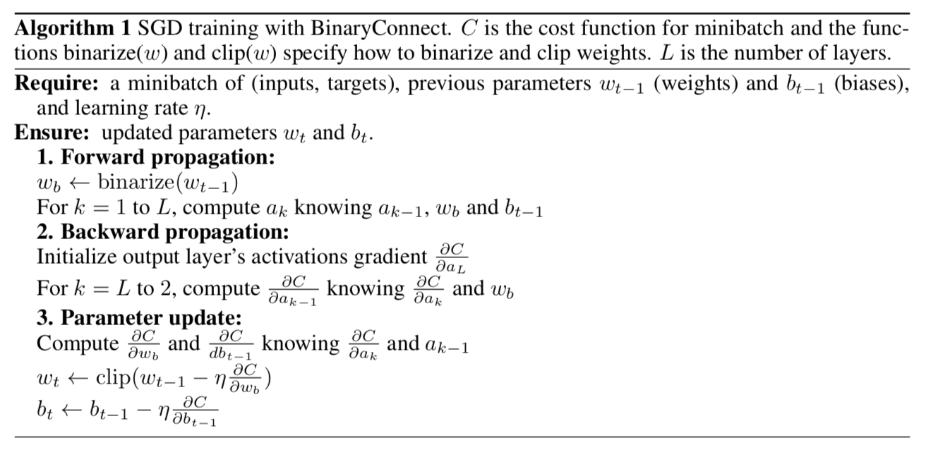 BinaryConnect Training Deep Neural Networks with binary weights during
