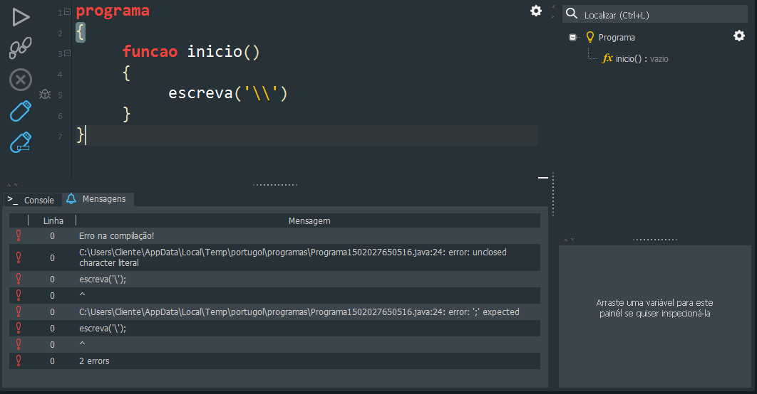Portugol String Erro com variável do tipo caracter · Issue #286 · UNIVALI-LITE/Portugol ...
