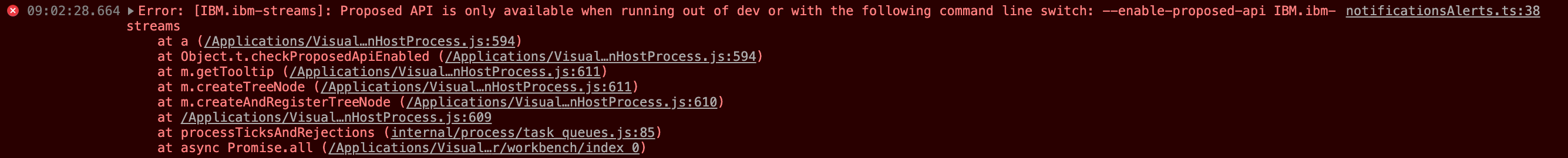 VS Code proposed API error appears when opening Streams Explorer ...
