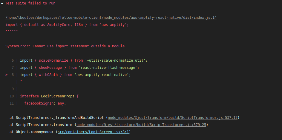 Syntaxerror: Cannot Use Import Statement Outside A Module, Using  Aws-Amplify-React-Native In A Jest Environment · Issue #5479 ·  Aws-Amplify/Amplify-Js · Github