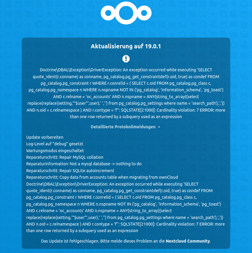 Update from 19.0 to 19.1 fails with DriverException · Issue #22407 ...