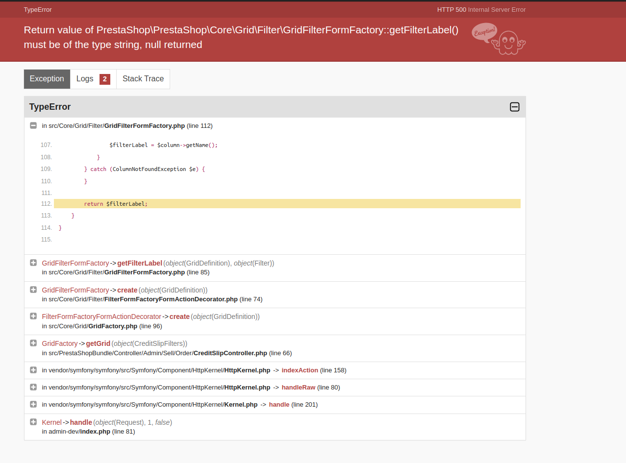 A HTTP 500 internal server error in BO > Orders > Credit slips page