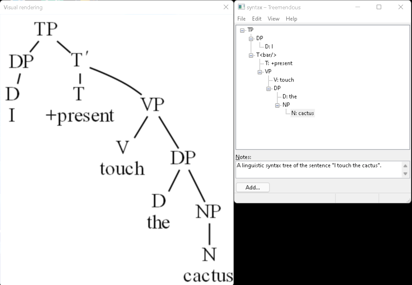 A screenshot of the Treemendous interface showing a syntax tree of the sentence "I touch the cactus" alongside a graphical rendering of the tree.