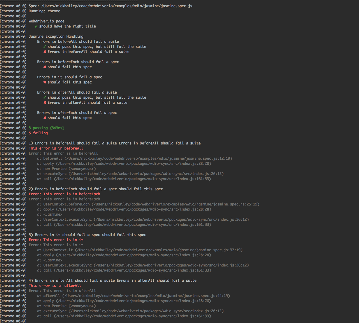 Why does not driverio report an error in beforeAll with Jasmine