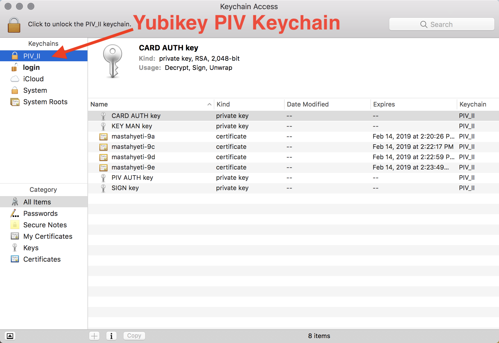 Yubikey PIV Keychain in macOS Keychain Access app