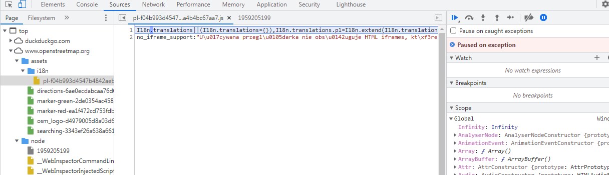 Developer tools screenshot pointing at the exception in the pl-f04b993d4547b4842aeb34cf05df4886ef128649fd5375e4be846a4b4bc67aa7.js file