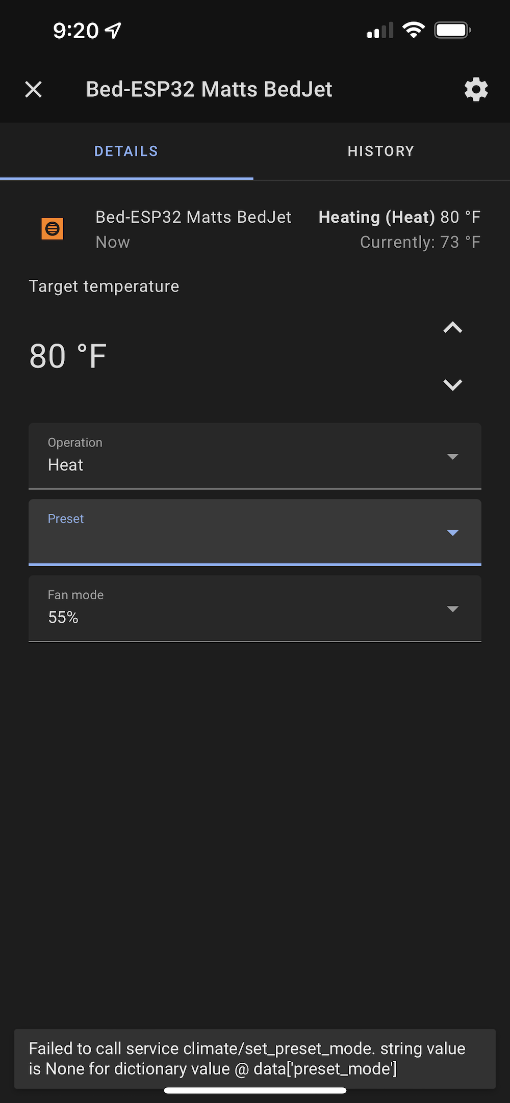 Bedjet Error Failed to call service climate/set preset mode. · Issue