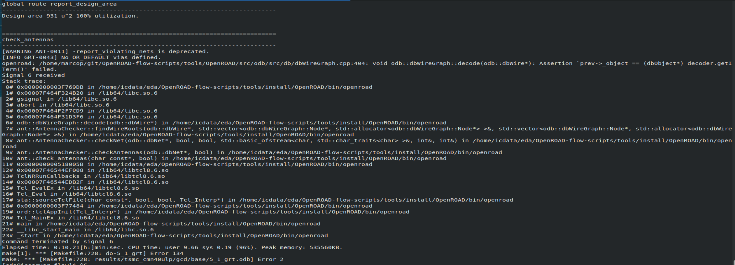 ORFS Check antenna Command terminated by signal 6 · TheOpenROAD