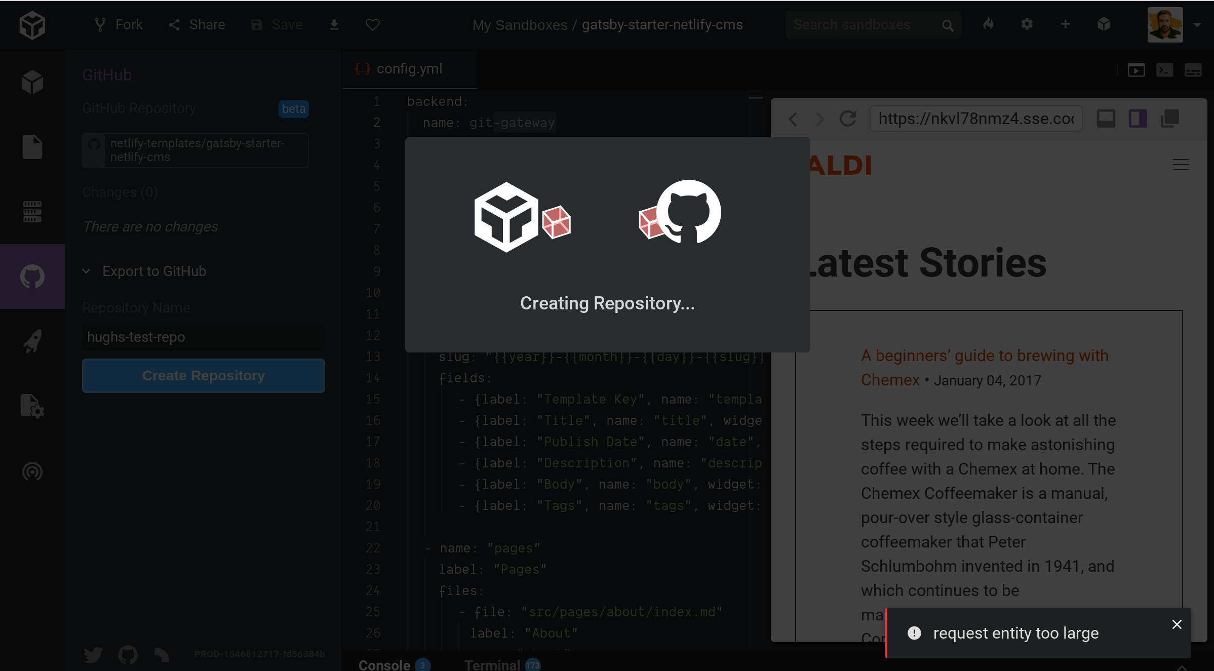 "request entity too large" error when trying to export to GitHub ...