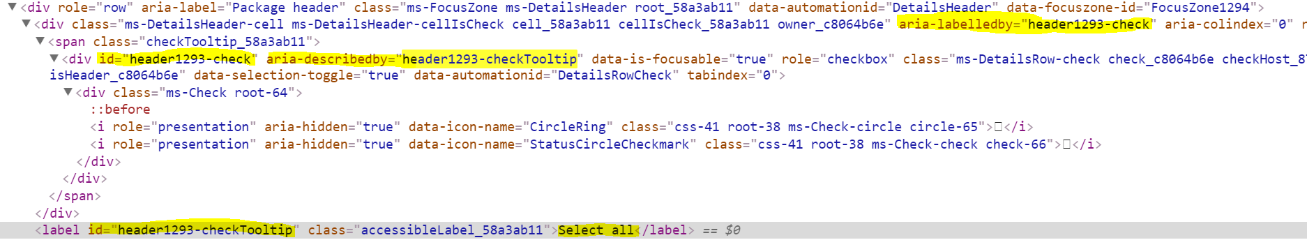 image of DOM showing aria-label and aria-describedby values