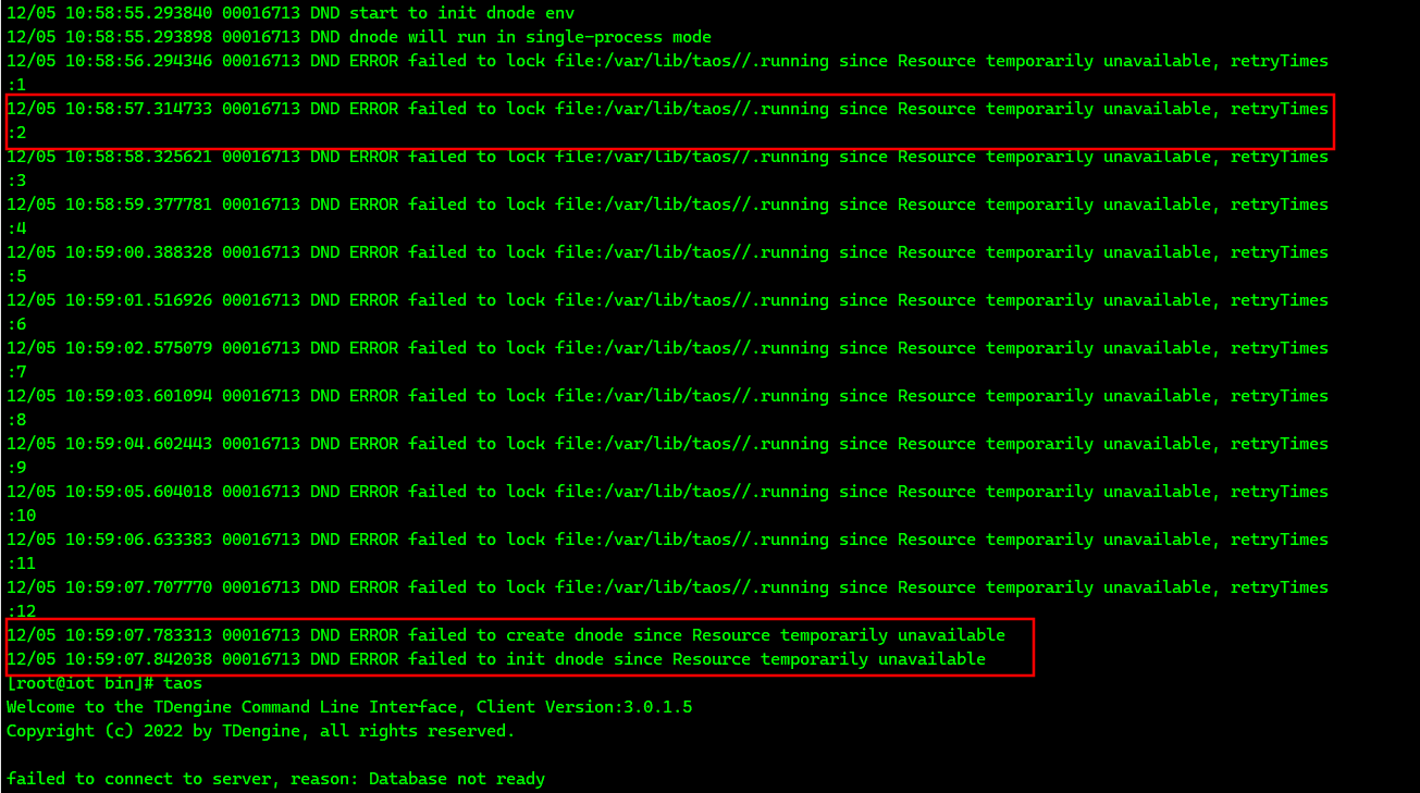 DND ERROR failed to lock file:/var/lib/taos//.running since Resource ...