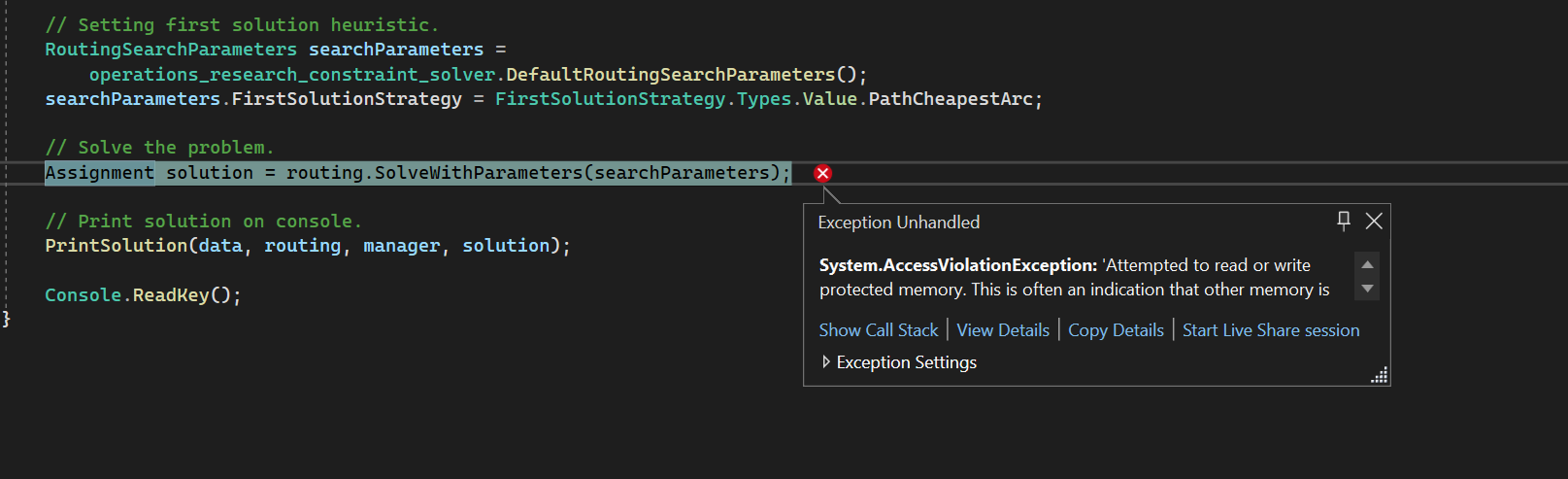C# - Windows x64 - Access violation on SolveWithParameters · google or ...