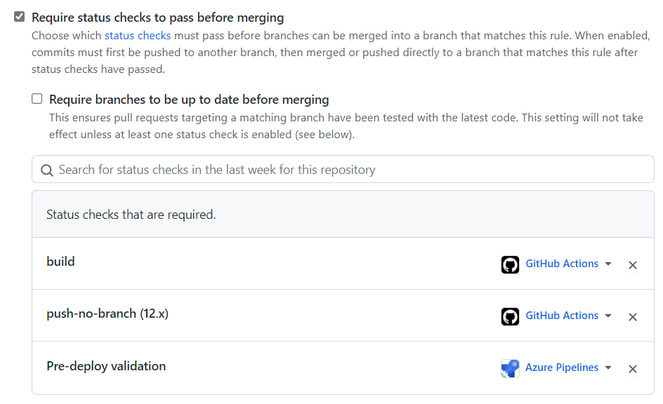 Screenshot of a repository's required status check settings, specifying which GitHub App is required for each status check