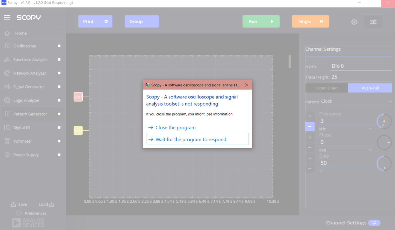 Pattern Generator: Scopy crashes when changing clock frequency (fine ...
