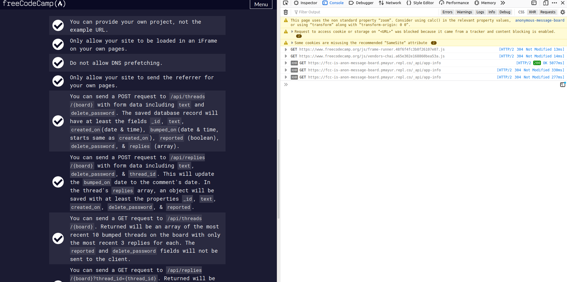 Anonymous Message Board fcc test suite for the project passes without