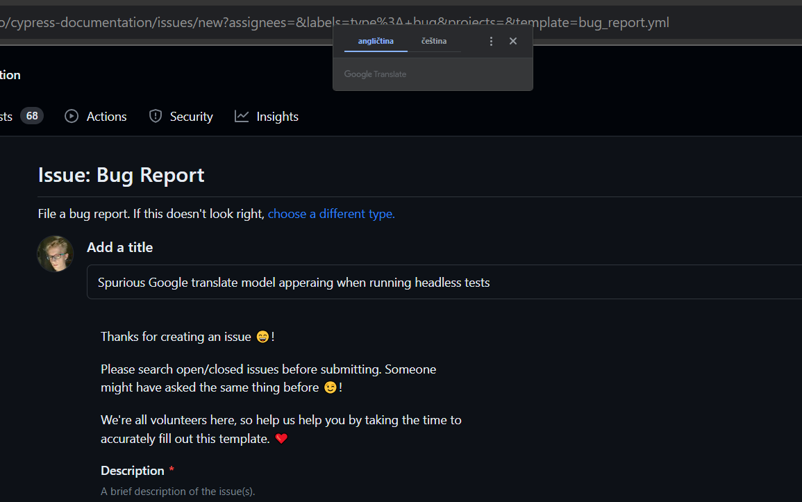 Spurious Google translate modal appearing when running headless tests