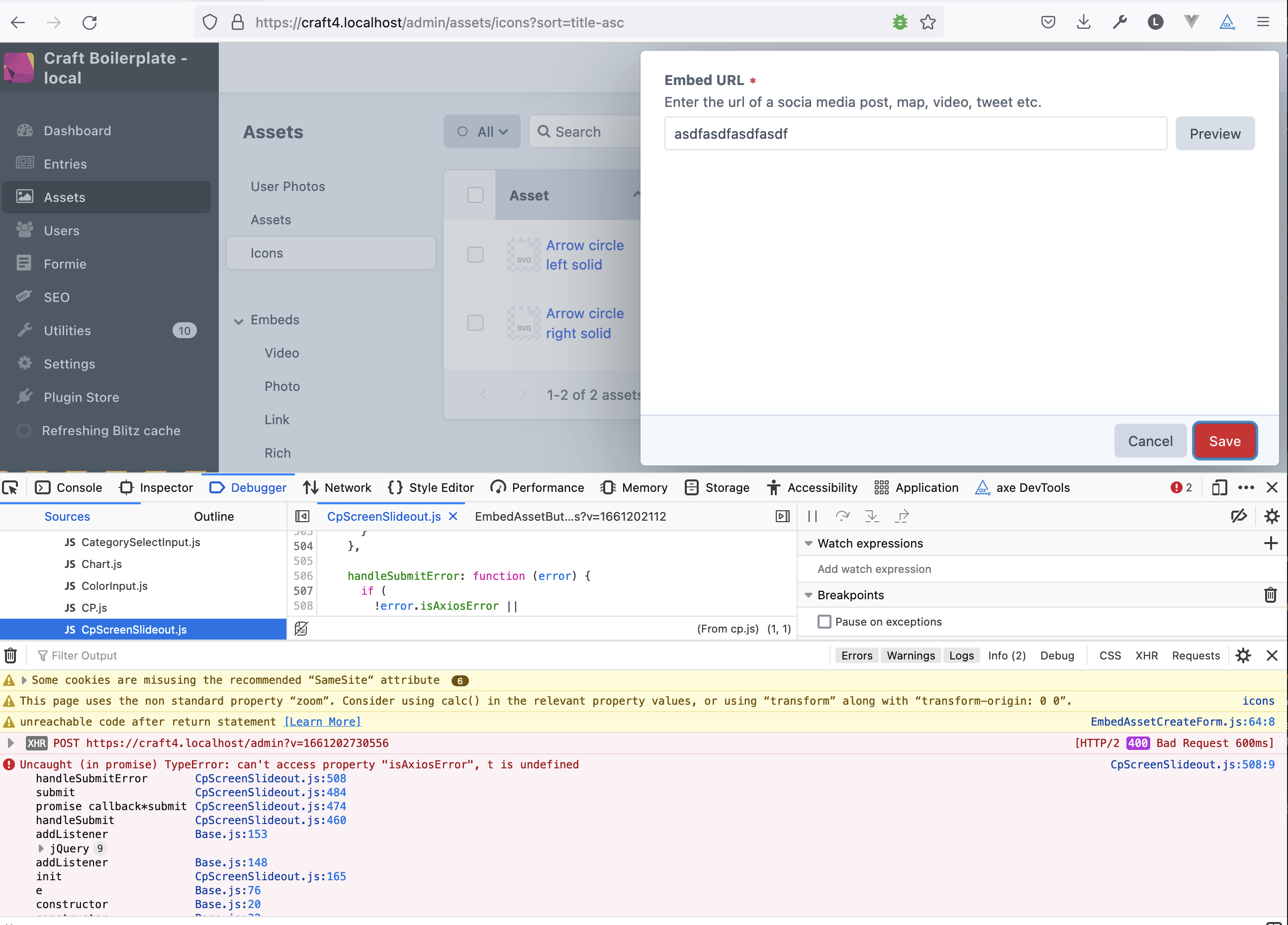 [4.x]: CpSlideout Errors not handled · Issue #11812 · craftcms/cms · GitHub
