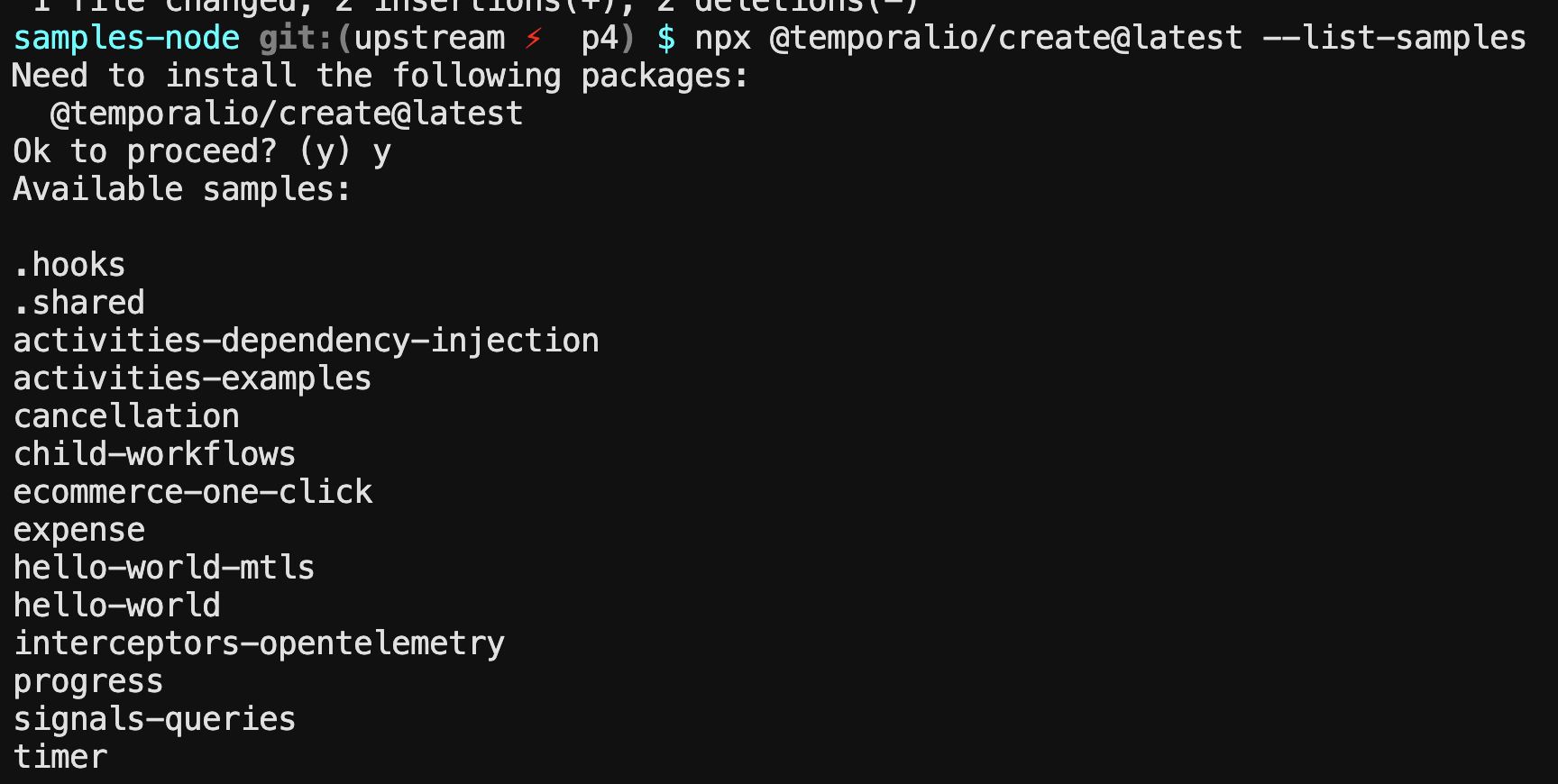 [Bug] --list-samples is an unknown argument for the `@temporalio/create ...